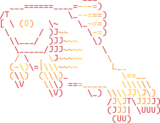 ASCII art with red, orange and yellow characters, showing a fish