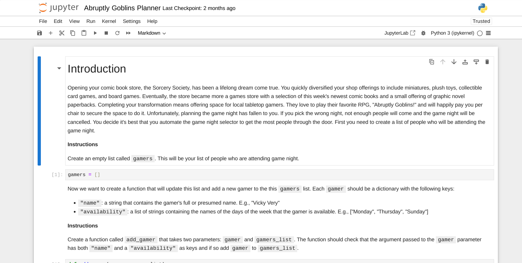 screenshot of a Jupyter Notebook from a Codecademy course