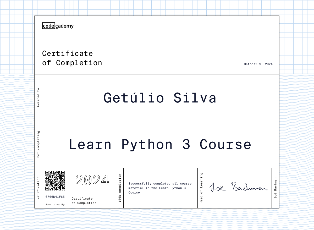 Learn Python 3 certificate of completion, containing the emission date, the name of the recipient, the course name, a qr code and a verification code, and the signature of Codecademy's Head of Learning