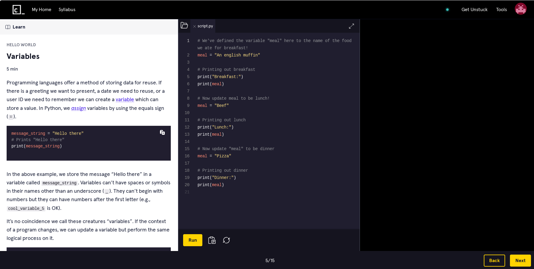 captura de tela de uma lição de um curso do Codecademy
