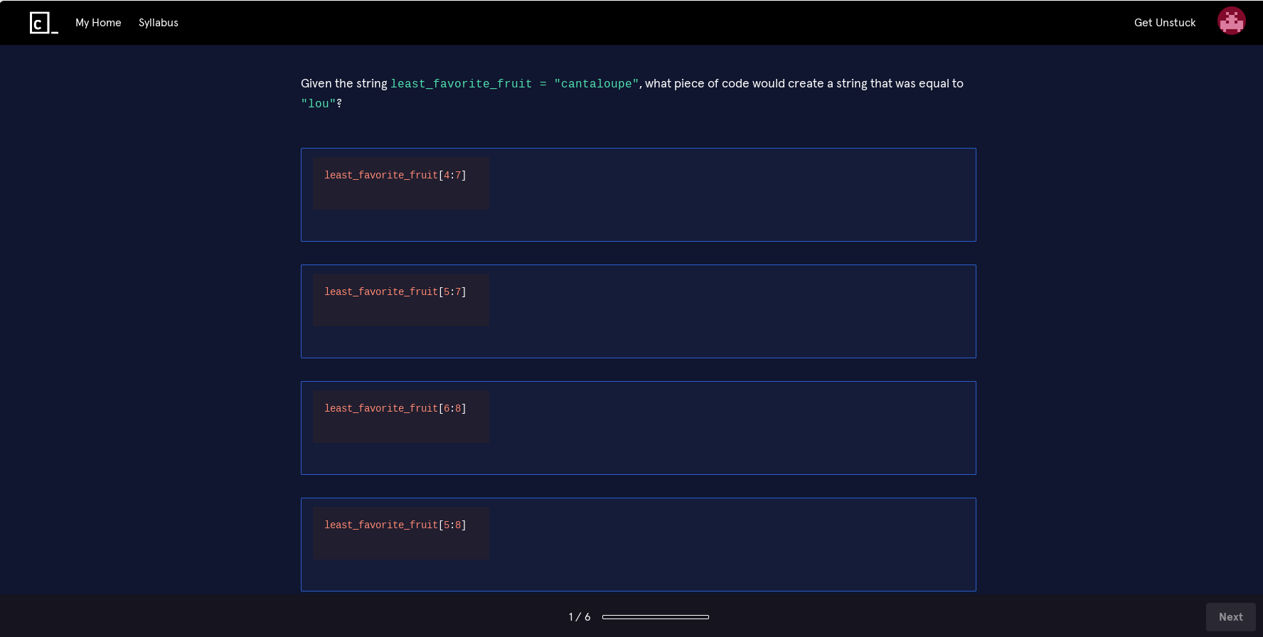 captura de tela de um quiz de um curso do Codecademy